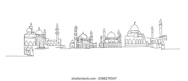 Set of Mosque, house of prayer for Muslims, architecture one line art. Continuous line drawing of online Muslims, Islam, traditions, clothing, folk, oriental.