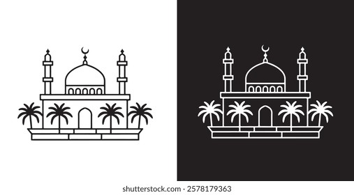 Set of Mosque icon, silhouette, outline, vector, illustration, isolated on a white and black background