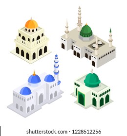 Set Mosque Islamic Worship Building Isometric Flat 3D Vector Illustration