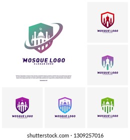 Set of Mosque with Shield logo design concept.Religion Islamic logo template vector. Icon symbol