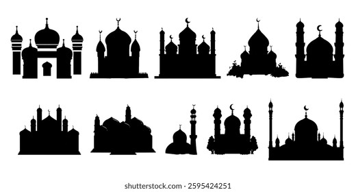 Set of mosque silhouette designs in flat style on white background. Arabic architecture silhouette element vector illustration, Ramadan and Eid celebration.