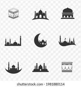 Set of mosque simple vector icons with transparent background (PNG). Vector illustration.