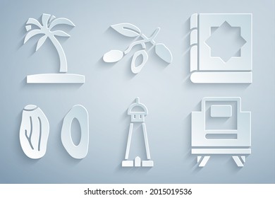 Separar la torre o minarete de la mezquita, el libro sagrado del Corán, el fruto de la cita y el icono de la palmera tropical. Vector