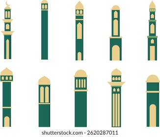 A set of mosque tower (minaret) illustrations in various architectural styles, for Islamic themes, religious education, cultural designs, and Ramadan or Eid visuals.