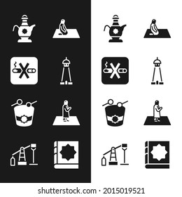 Set Mosque tower or minaret, No Smoking, Islamic teapot, Muslim man prays, Ramadan drum, Holy book of Koran and Oil pump pump jack icon. Vector