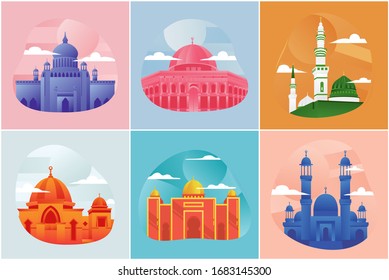 set of mosque vector flat design illustration. masjid at ramadan month. colorful modern style. islamic prayer building architecture