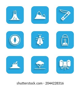 Set Mosquito, African tree, Elephant, Camping lantern, Tree stump, Compass, Swiss army knife and Volcano eruption icon. Vector