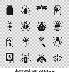 Set Mosquito, Cockroach, Larva insect, Dragonfly, Beetle bug, Centipede, Glass jar and Ladybug icon. Vector