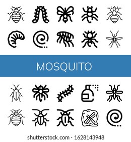 Set of mosquito icons. Such as Bed bug, Larva, Caterpillar, Mosquito coil, Mosquito, Flea, Ant, Pheidole, Louse, Cockroach, Scolopendra, Insecticide, Insect , icons