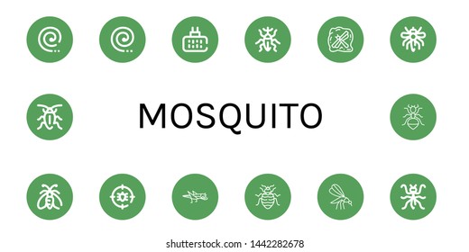 Set of mosquito icons such as Mosquito coil, Mosquito repellent, Weevil, Insect, Moth, Anti bug, Grasshopper, Bed bug, Mantis, Cockroach, Ant ,