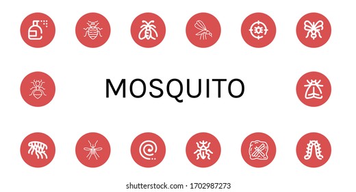 Set of mosquito icons. Such as Insecticide, Bed bug, Moth, Mosquito, Anti bug, Flea, Mosquito coil, Weevil, Insect, Caterpillar, Ant , icons