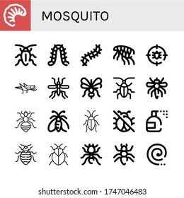 Set of mosquito icons. Such as Larva, Cockroach, Caterpillar, Scolopendra, Flea, Anti bug, Grasshopper, Mosquito, Louse, Moth, No insects, Insecticide, Bed bug , mosquito icons