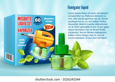 Set of Mosquito liquid packing template for advertising. Round the clock protection of people in camping, in picnic, in house. 3d vector realistic illustration.