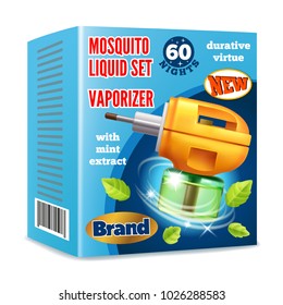 Set of Mosquito liquid packing template for advertising. Electric mosquito killer. Round the clock protection of people in camping, in picnic, in house. 3d vector realistic illustration.