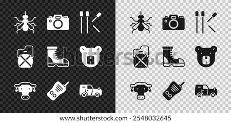 Set Mosquito, Photo camera, Matches, African buffalo head, Walkie talkie, Off road car, Canteen water bottle and Hunter boots icon. Vector