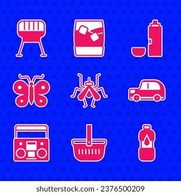 Set Mosquito, Picnic basket, Bottle of water, Car, Home stereo with two speakers, Butterfly, Thermos container and Barbecue grill icon. Vector