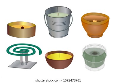 Set mosquito repellent candles and coil isolated on white background. Collection citronella candles used as mosquito repellent. Natural plant based insect repellent. Stock vector illustration. EPS 10