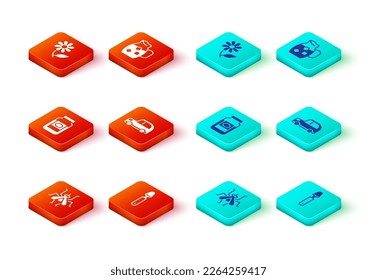 Set Mosquito, Spoon, Jam jar, Car, Jug glass with water and Flower icon. Vector