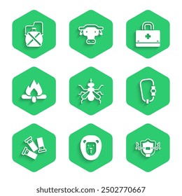 Set Mosquito, Wild lion, Deer antlers shield, Carabiner, Cartridges, Campfire, First aid kit and Canteen water bottle icon. Vector