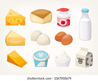 Set of most common dairy food products. Some kinds of cheese, milk packages and yogurts.
Isolated vector illustrations