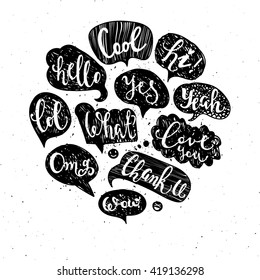 Set of most common used acronyms and abbreviations on hand drawn speech bubbles.