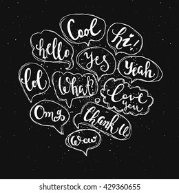Set of most common used acronyms and abbreviations on hand drawn speech bubbles.