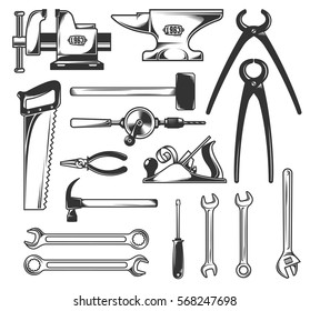 Set of the most common working tools  - hammer, screwdriver, wrench, pliers and so on. Vector monochrome illustration