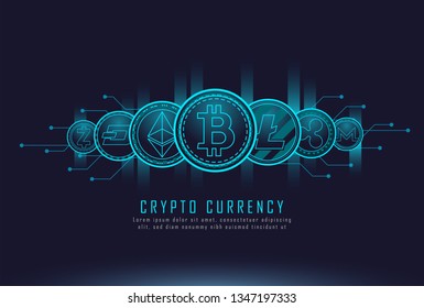 set of most famous cryptocurrency coins with cryptocurrency text , Vector illustrator