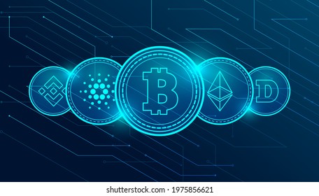 Set of most famous cryptocurrency coins. International stock exchange. Network bitcoin marketing vector.