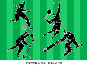  Set of the Most Popula Sports, Football, Cricket, Field hockey, Tennis, Vector Modern design on green background