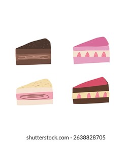 Set of most popular cakes on white background. Set of delicious cake food slice with cream topping.