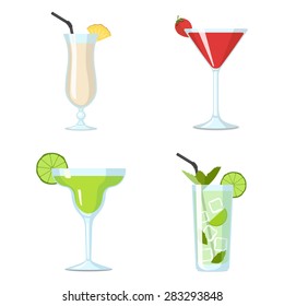 Set of most popular Cocktail bar Cocktails: Pina-Colada, Margarita, Daiquiri.