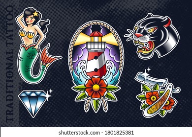 Conjunto de las más populares ilustraciones de tatuajes de la vieja escuela: sirena, faro, pantera, diamante y navaja. Todos los elementos agrupados y aislados en el fondo oscuro. Ilustraciones vectoriales EPS10.