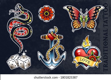 Conjunto de las más populares ilustraciones de tatuajes de la vieja escuela: serpiente, flor, mariposa, dados, ancla y corazón con llama. Todos los elementos agrupados y aislados en el fondo oscuro. Ilustraciones vectoriales EPS10.