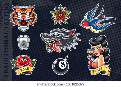 Conjunto de las más populares ilustraciones de tatuajes de la vieja escuela: tigre, flor, ave de tragar, diente, lobo, rosa, bola de salvamento y dama. Todos los elementos agrupados y aislados en el fondo oscuro. Vector EPS10.