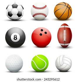 Set of most popular sport balls. Vector illustration Isolated on white background.