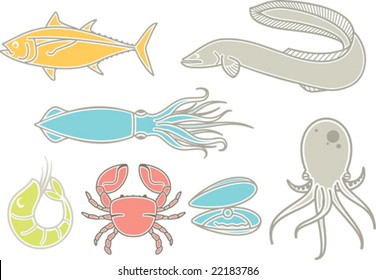 A set of most popular types of seafood, using mostly in japan cuisine.