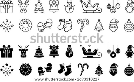 Set of most used christmas items silhouette and outline vectors isolated on white background, best for designing.