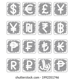 Set of most used currency symbols, icons used in different countries, black, white, red.