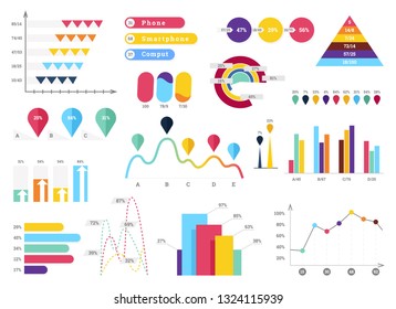 Set of most useful infographic elements - bar graphs, pie charts, steps and options, workflow, puzzle, percents, circle diagram, timeline, vector illustration.