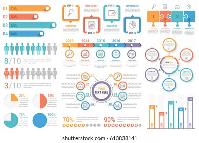 Set of most useful infographic elements - bar graphs, human infographics, pie charts, steps and options, workflow, puzzle, percents, circle diagram, timeline, vector eps10 illustration