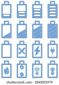 Set of most useful smart phone and laptop battery icon with light blue color containing variety show cases such as charging empty heat full and power scale etc.