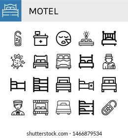 Set of motel icons such as Bed, Do not disturb, Front desk, Sleeping, Bellboy, Bunk bed , motel