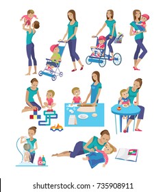 Set of mother and baby in different lifestyle situations. Happy family. Mom plays with child, holds on hands, roll on carriage and bicycle, prepared, feeds, looks after. Illustration in cartoon style.