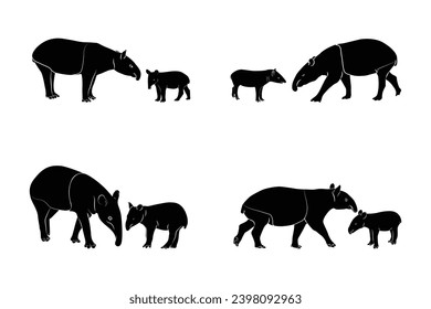  Set a Mother and Baby Tapir silhouettes, Vector Illustration of Tapir animal bundle. Image For Animals Design