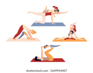 Set of mother and child cartoon characters practising postnatal yoga together, flat vector illustration isolated on white background. Fitness for women after childbirth.