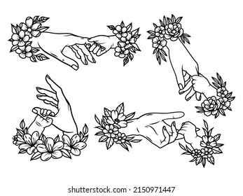 Set Of Mother And Child Hands. Collection Of Moms Hand Holding Baby Tiny Fingers With Flower. Concept Of Strong Love. Vector Illustration Of Family Hand On White Background. 