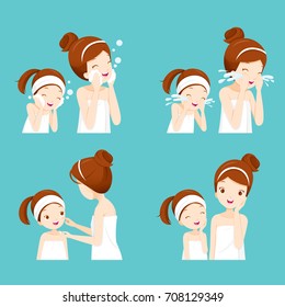 Set Of Mother And Daughter Cleaning And Care Her Face, Facial, Beauty, Cosmetic, Makeup, Healthy, Body, Spa, Skin