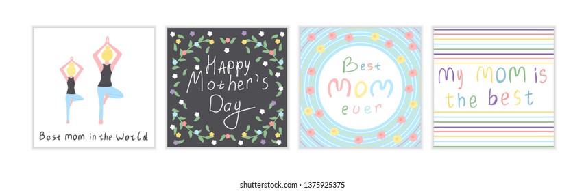 set with mother with daughter doing yoga exercise, pattern with flowers and line for mother's day  design template