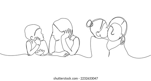 Set of mother with daughter, son one line art. Continuous line drawing of motherhood, family, love, child, communication, family portrait, mother s day, lifestyle.